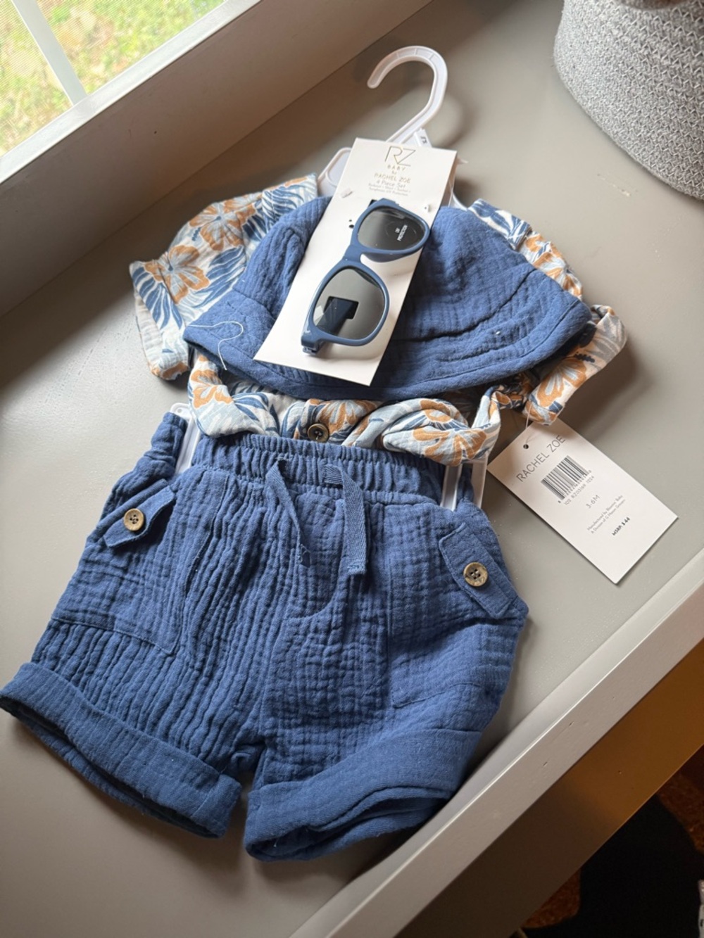 Rachel Zoe Blue and Tan Floral Baby Set with Sunglasses